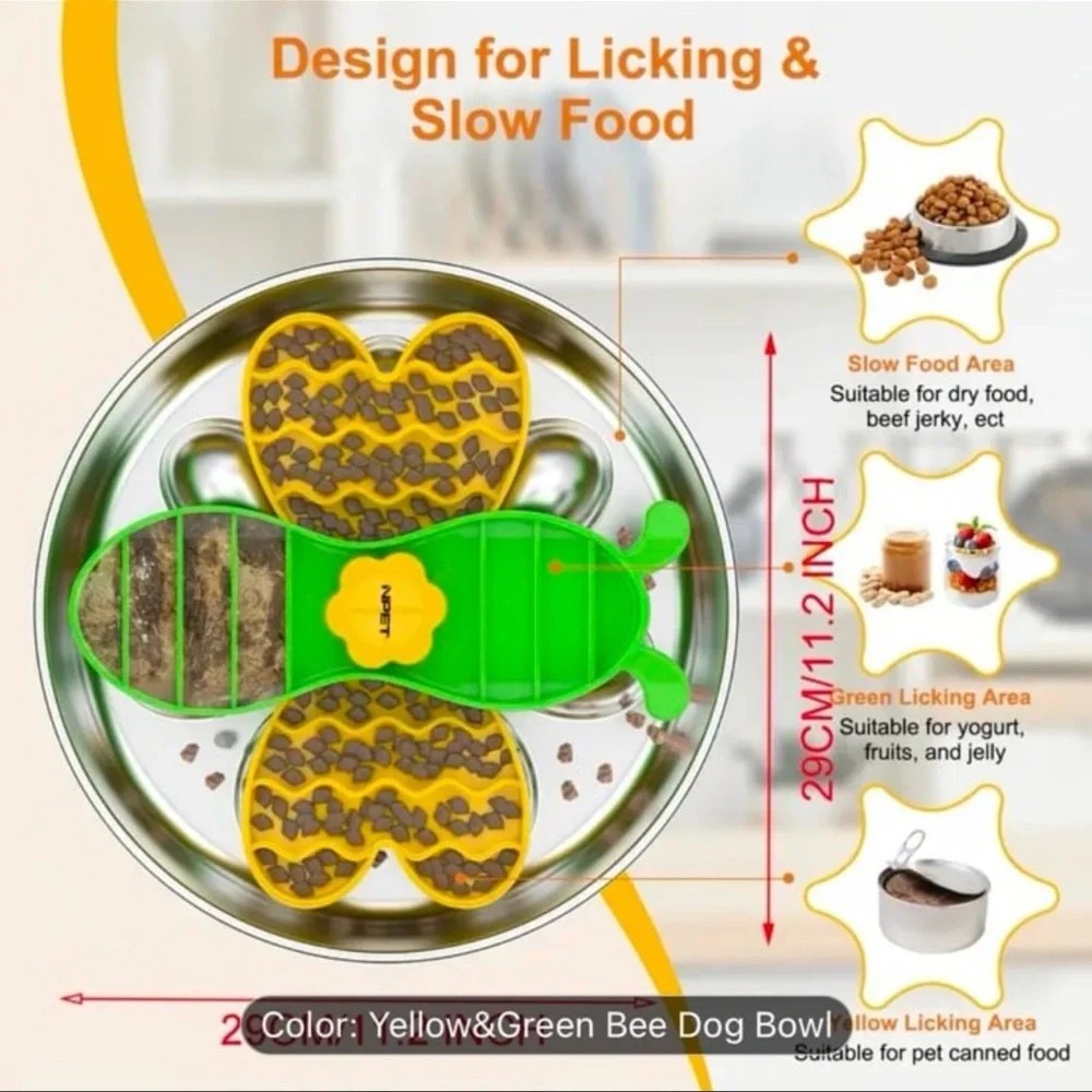 Stainless Steel Slow Feeder Dog Bowl with Bee Design, Non-Slip Silicone Base